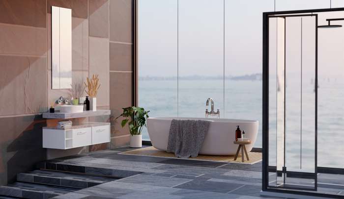 Eine frei stehende Badewanne, eine mit Mosaikfliesen gestaltete Dusche oder der Waschschrank mit Doppelwaschbecken ist eher als Highlight und Hingucker geeignet. ( Foto: Shutterstock - BongkarnGraphic )